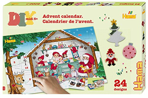 Hama Perlen 3046 Bügelperlen Adventskalender, Geschenkpackung mit ca. 5.000 Midi-Perlen, 5 kleinen Stiftplatten zum Zusammenstecken, Motivvorlage, Bügelpapier, für Kinder ab 5 Jahren von Hama Perlen