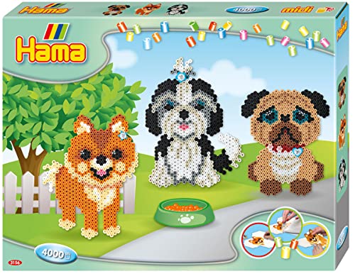 Hama Perlen 3156 Geschenk-Set Hunde mit ca. 4.000 bunten Midi Bügelperlen mit Durchmesser 5 mm, Motivvorlage und Stiftplatten, inkl. Bügelpapier, kreativer Bastelspaß für Groß und Klein von Hama Perlen