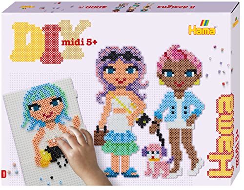 Hama Perlen 3159 Bügelperlen Fashion Girls, Geschenkpackung mit ca. 4.000 Midi-Perlen, 2 quadratischen Stiftplatten zum Zusammenstecken, Motivvorlage, Bügelpapier, für Kinder ab 5 Jahren von Hama Perlen