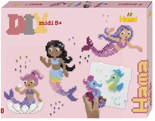 HAMA Perlen 3161 Bügelperlen Meerjungfrauen, Geschenkpackung mit ca. 4.000 Midi-Perlen, 2 Stiftplatten zum Zusammenstecken, Motiv-Vorlage, Bügelpapier, für Kinder ab 5 Jahren von Hama
