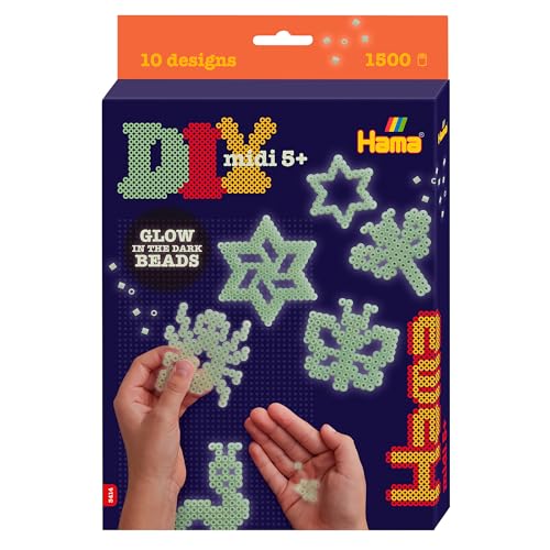 Hama Perlen 3414 Geschenk-Set Nachtleuchtend mit ca. 1.500 Midi Bügelperlen mit Durchmesser 5 mm, Motivvorlage und 3 Stiftplatten, inkl. Bügelpapier, kreativer Bastelspaß für Groß und Klein von Hama Perlen