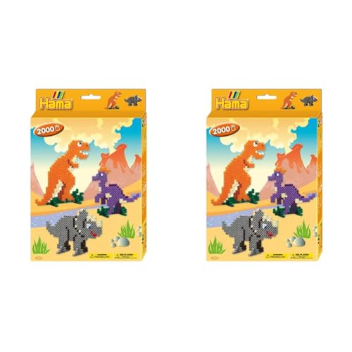 Hama Perlen 3434 Geschenk-Set Dino mit ca. 2.000 bunten Midi Bügelperlen mit Durchmesser 5 mm, Stiftplatte, inkl. Bügelpapier, kreativer Bastelspaß für Groß und Klein (Packung mit 2) von Hama Perlen