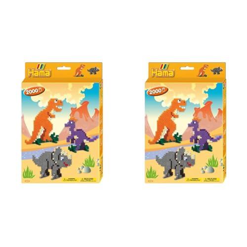Hama Perlen 3434 Geschenk-Set Dino mit ca. 2.000 bunten Midi Bügelperlen mit Durchmesser 5 mm, Stiftplatte, inkl. Bügelpapier, kreativer Bastelspaß für Groß und Klein (Packung mit 2) von Hama