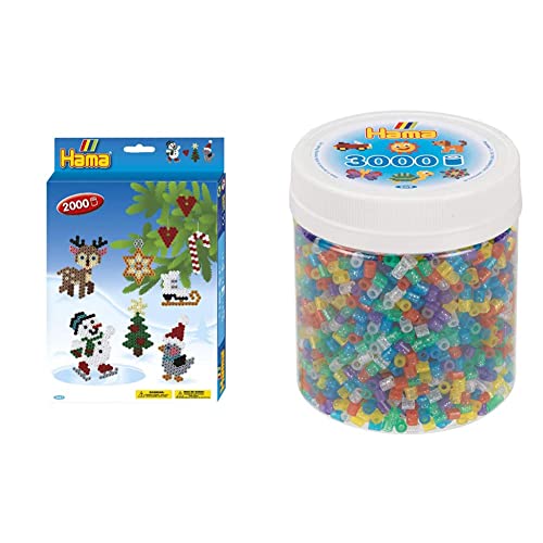 Hama Perlen 3437 Geschenk-Set Weihnachten mit ca. 2.000 bunten Midi Bügelperlen & 209-54 Bügelperlen Beutel mit ca. 3.000 bunten Midi Bastelperlen mit Durchmesser 5 mm im Transparent Glitter Mix von Hama