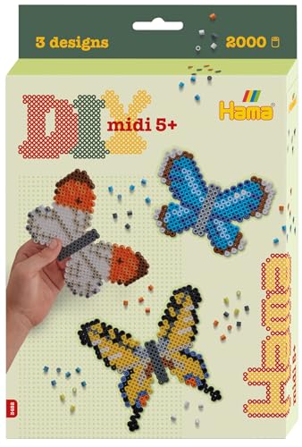 Hama Perlen 3452 - Starter-Set Schmetterlinge mit ca. 2000 bunten Midi Bügelperlen mit Durchmesser 5 mm, Motivvorlage und Stiftplatte, inkl. Bügelpapier, kreativer Bastelspaß für Groß und Klein von Hama Perlen