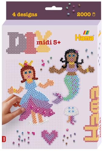 HAMA Perlen 3453 Bügelperlen Prinzessin und Meerjungfrau, kleine Geschenkpackung mit ca. 2.000 Midi-Perlen, Stiftplatte, Motiv-Vorlage, Bügelpapier, für Kinder ab 5 Jahren von Hama