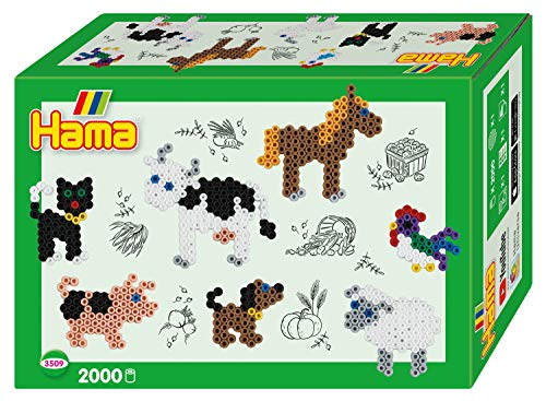 Hama Perlen 3509 Geschenk-Set Bauernhoftiere mit ca. 2.000 bunten Midi Bügelperlen mit Durchmesser 5 mm, Motivvorlage und Stiftplatte, inkl. Bügelpapier, kreativer Bastelspaß für Groß und Klein von Hama Perlen