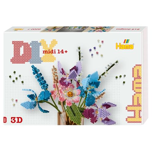 Hama Perlen 3621 Bügelperlen Blumenstrauß mit 3D Effekt, Geschenkbox mit ca. 6000 Midi-Perlen, inkl. 3 sechseckigen Stiftplatten, Motivvorlage, Bügelpapier, für Kinder ab 14 Jahren von Hama