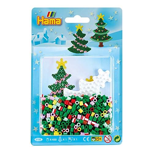 Hama Perlen 4108 Kleines Set Weihnachtsbaum mit ca. 450 bunten Midi Bügelperlen mit Durchmesser 5 mm, Stiftplatte und Motivvorlage, inkl. Bügelpapier, kreativer Bastelspaß für Groß und Klein von Hama