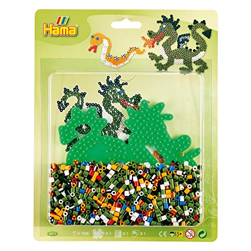 Hama Perlen 4211 Set Drache mit ca. 1.100 bunten Midi Bügelperlen mit Durchmesser 5 mm, Stiftplatte, inkl. Bügelpapier, kreativer Bastelspaß für Groß und Klein von Hama Perlen