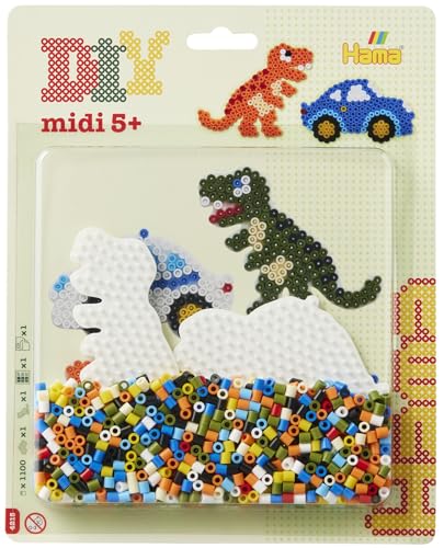 Hama Perlen 4215 Bügelperlen Dino und Auto, Blisterpackung mit ca. 1.100 Midi-Perlen, 2 Stiftplatten zum Zusammenstecken, Bügelpapier und Anleitung, für Kinder ab 5 Jahren von Hama Perlen