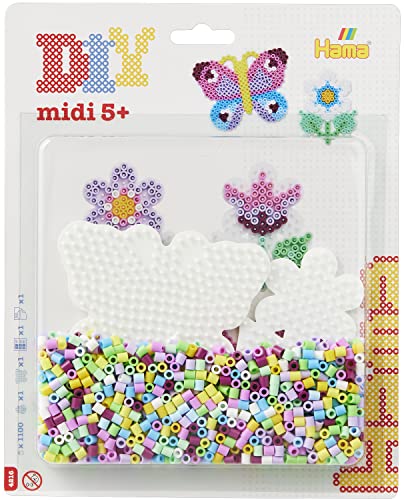Hama Perlen 4216 Bügelperlen Blume und Schmetterling, Geschenktüte mit ca. 1100 Midi-Perlen, inkl. 2 geformten Stiftplatten, Motivvorlage, Bügelpapier, für Kinder ab 5 Jahren von Hama Perlen