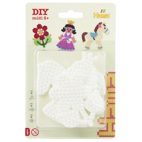 Hama Perlen 4571 Kleine Stiftplatten 3er Set für Midi Bügelperlen mit Durchmesser 5 mm, Motive Pony, Blume und Prinzessin in weiß, kreativer Bastelspaß für Groß und Klein Hama Perlen 4571 Kleine Stiftplatten 3er Set für Midi Bügelperlen mit Durchmesser 5 mm, Motive Pony, Blume und Prinzessin in weiß, kreativer Bastelspaß für Groß und Klein von Hama
