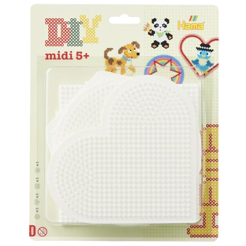Hama Perlen 4580 Große Stiftplatten 4er Set für Midi Bügelperlen mit Durchmesser 5 mm, Motive Kreis, Herz, Viereck und Sechseck in weiß, kreativer Bastelspaß für Groß und Klein Hama Perlen 4580 Große Stiftplatten 4er Set für Midi Bügelperlen mit Durchmesser 5 mm, Motive Kreis, Herz, Viereck und Sechseck in weiß, kreativer Bastelspaß für Groß und Klein von Hama