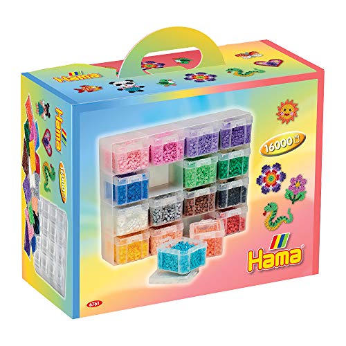 Hama Perlen 6761 Set mit großer Sortierbox und ca. 16.000 bunten Midi Bügelperlen mit Durchmesser 5 mm, ca. 22 x 28 x 8,5 cm, 16 Fächer auf 4 Ebenen, kreativer Bastelspaß für Groß und Klein von Hama Perlen