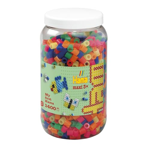 Hama Perlen 8542 Bügelperlen Dose mit ca. 1.400 bunten Maxi Bastelperlen mit Durchmesser 10 mm im Neon Mix, kreativer Bastelspaß für Groß und Klein von Hama Perlen