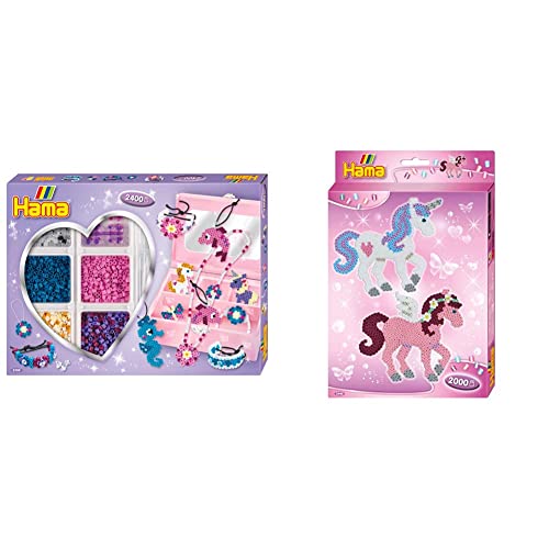 Hama Perlen Kreativbox Accessoires mit ca. 2.400 bunten Midi Bügelperlen mit Durchmesser 5 mm & 3448 Kleines Geschenk-Set Zauberhafte Pferde mit ca. 2.000 bunten Midi Bügelperlen mit Durchmesser 5 mm von Hama