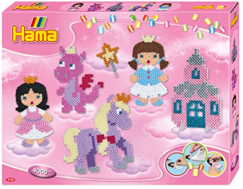 Hama Perlen 3158 Großes Geschenk-Set Fantasy Fun mit ca. 4.000 bunten Midi Bügelperlen mit Durchmesser 5 mm, 2 Stiftplatten, inkl. Bügelpapier, kreativer Bastelspaß für Mädchen von Hama Perlen