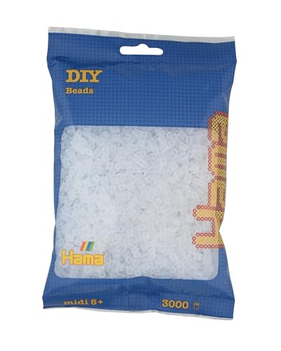 Hama Perlen 201-19 - Bügelperlen Beutel mit ca. 3000 transparenten Midi Bastelperlen mit Durchmesser 5 mm in Weiß, kreativer Bastelspaß für Groß und Klein von Hama