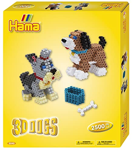 Hama Perlen 3243 Geschenk-Set 3D Hunde mit ca. 2.500 bunten Midi Bügelperlen mit Durchmesser 5 mm, Motivvorlage und Stiftplatte, inkl. Bügelpapier, kreativer Bastelspaß für Groß und Klein von Hama