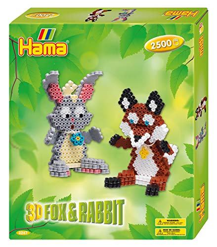 Hama Perlen 3247 Geschenk-Set 3D Fuchs und Hase mit ca. 2.500 bunten Midi Bügelperlen mit Durchmesser 5 mm, Motivvorlage und Stiftplatte, inkl. Bügelpapier, kreativer Bastelspaß für Groß und Klein von Hama Perlen