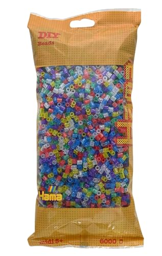 Hama Perlen 205-54 Bügelperlen Beutel mit ca. 6.000 bunten Midi Bastelperlen mit Durchmesser 5 mm im Transparent Glitter Mix, kreativer Bastelspaß für Groß und Klein von Hama