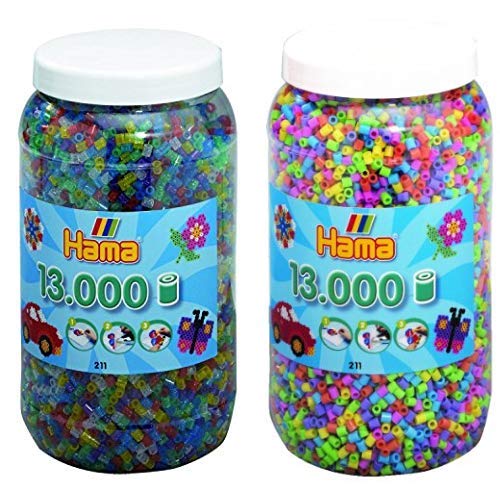 Hama 211-54 - Bügelperlen Dose mit ca. 13.000 Perlen, transparent mit Glitter & 211-50 - Bugelperlen, 13000-teilig von Hama