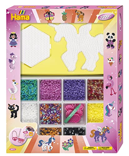Hama Perlen 3071 Geschenk-Set mit Box mit ca. 7.200 bunten Midi Bügelperlen mit Durchmesser 5 mm, Motivvorlage und 2 Stiftplatten, inkl. Bügelpapier, kreativer Bastelspaß für Groß und Klein von Hama