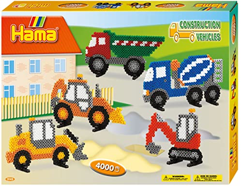 Hama Perlen 3143 Geschenk-Set Baufahrzeuge mit ca. 4.000 bunten Midi Bügelperlen mit Durchmesser 5 mm, Stiftplatte, inkl. Bügelpapier, kreativer Bastelspaß für Groß und Klein von Hama Perlen