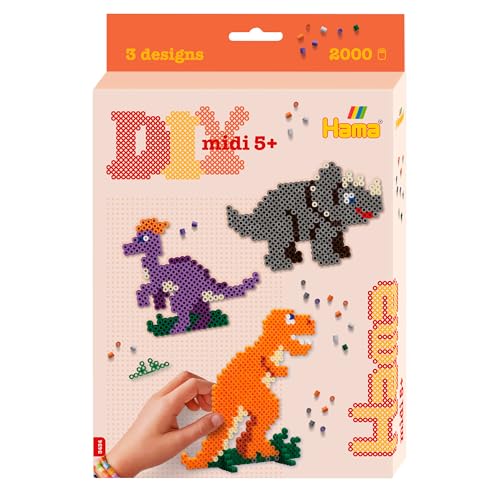 Hama Perlen 3434 Geschenk-Set Dino mit ca. 2.000 bunten Midi Bügelperlen mit Durchmesser 5 mm, Stiftplatte, inkl. Bügelpapier, kreativer Bastelspaß für Groß und Klein von Hama Perlen