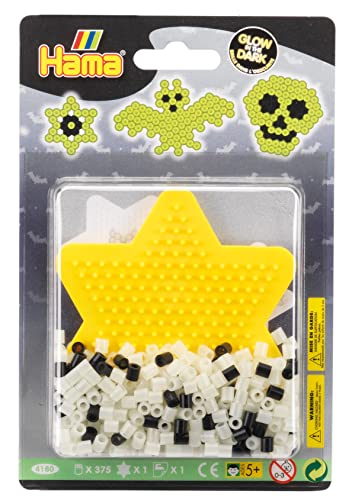 Hama Perlen 4180 Kleines Set Grusel Glow in the dark mit ca. 375 leuchtende Midi Bügelperlen mit Durchmesser 5 mm, Stiftplatten, inkl. Bügelpapier, kreativer Bastelspaß für Groß und Klein von Hama Perlen