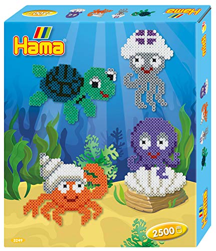Hama Perlen 3249 Geschenk-Set Unter Wasser mit ca. 2.500 bunten Midi Bügelperlen mit Durchmesser 5 mm, Motivvorlage und Stiftplatte, inkl. Bügelpapier, kreativer Bastelspaß für Groß und Klein von Hama