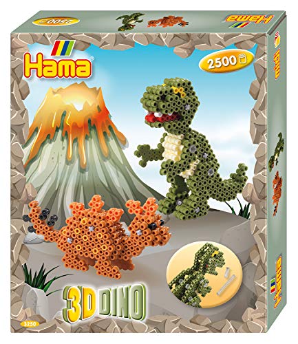 Hama Perlen 3250 Geschenk-Set 3D Dinos mit ca. 2.500 bunten Midi Bügelperlen mit Durchmesser 5 mm, Motivvorlage und Stiftplatte, inkl. Bügelpapier, kreativer Bastelspaß für Groß und Klein von Hama Perlen