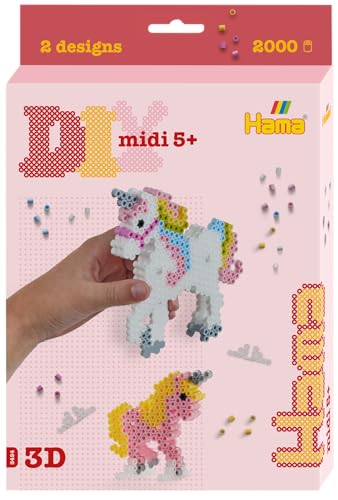 Hama Perlen 3454 Bügelperlen 3D Einhörner, kleine Geschenkpackung mit ca. 2.000 Midi-Perlen, Stiftplatte, 4 Motivstützen, Motiv-Vorlage, Bügelpapier, für Kinder ab 5 Jahren, Pink von Hama
