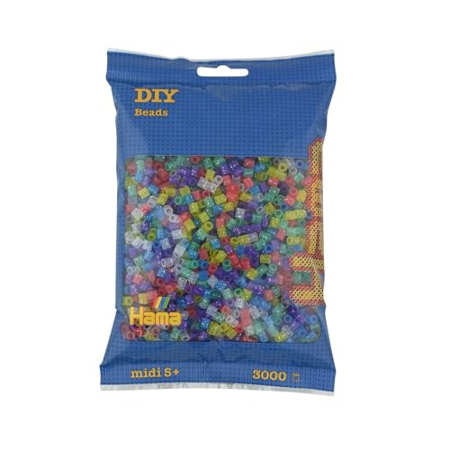 Hama Perlen 201-54 Bügelperlen Beutel mit ca. 3.000 bunten Midi Bastelperlen mit Durchmesser 5 mm im Transparent Glitter Mix, kreativer Bastelspaß für Groß und Klein von Hama