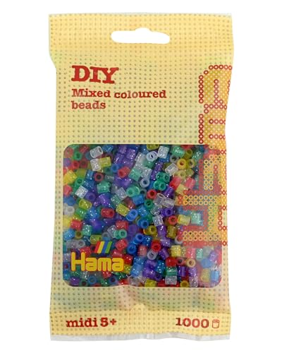 Hama Perlen 207-54 Bügelperlen Beutel mit ca. 1.000 bunten Midi Bastelperlen mit Durchmesser 5 mm im Glitter Mix, kreativer Bastelspaß für Groß und Klein von Hama