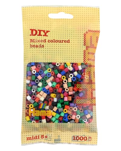 Hama Perlen 207-67 Bügelperlen Beutel mit ca. 1.000 bunten Midi Bastelperlen mit Durchmesser 5 mm im Volltonfarben Mix, kreativer Bastelspaß für Groß und Klein von Hama