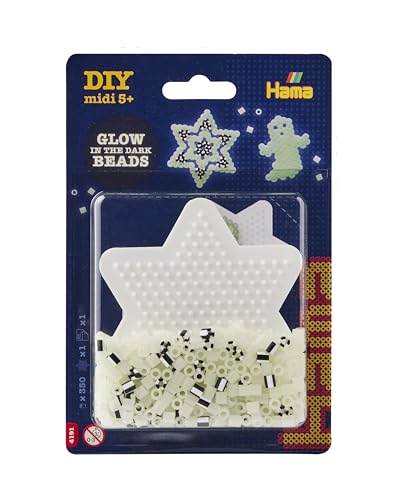 HAMA Perlen 4191 Bügelperlen Nachtleuchtend, Kleine Blisterpackung mit ca. 350 Midi-Perlen, sternförmiger Stiftplatte, Bügelpapier, für Kinder ab 5 Jahren von Hama