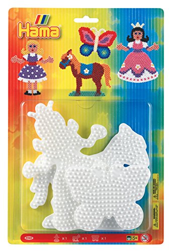 Hama Perlen 4560 Große Stiftplatten 3er Set für Midi Bügelperlen mit Durchmesser 5 mm, Motive Prinzessin, Pferd und Schmetterling in weiß, Bastelspaß für Groß und Klein von Hama