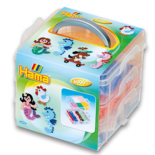Hama Perlen 6703 Set mit Sortierbox und ca. 6.000 bunten Midi Bügelperlen mit Durchmesser 5 mm, ca. 16 x 15 x 13 cm, 3 Stiftplatten, inkl. Bügelpapier, kreativer Bastelspaß für Groß und Klein von Hama