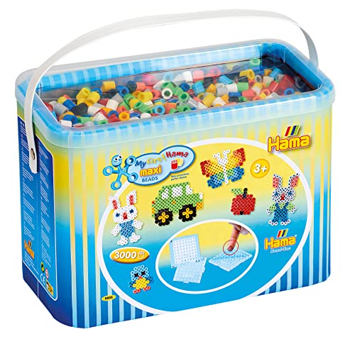 Hama Perlen 8805 Bügelperlen im Eimer mit ca. 3.000 bunten Maxi Bastelperlen mit Durchmesser 10 mm im Grundfarben Mix, 3 Stiftplatten, inkl. Bügelpapier, kreativer Bastelspaß für Groß und Klein von Hama