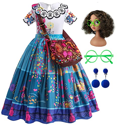 Encanto Verkleidung Mirabel Kinder Kleid Mirabel Cosplay Kostüm mit Taschen Brille Perücke und Ohrringe für Mädchen Halloween Karneval Geburtstag Party Kleidung Blau 120 von Hamanasu