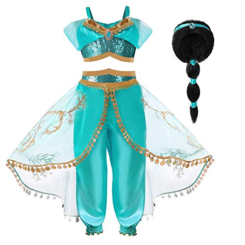 Hamanasu Jasmin-Prinzessinnen-Kostüm für Mädchen, Prinzessin, Verkleidung, Geburtstagsparty, Rollenspiel-Outfit (Haarperücke, 4–5 Jahre/120) von Hamanasu