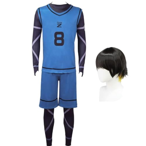 Blue Lock Cosplay Kostüm Bachira Meguru Cosplay Sportbekleidung Trikots Nr. 8 Fußball Training Uniform Full Set Halloween Kleidung (Bachira Meguru+perücke, L) von Hamender