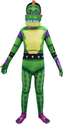 FNAF Cosplay-Kostüme, grüner Dinosaurier, 3D-Overall, Halloween-Overall, Fasching, Bodysuit, Sicherheitsverletzung, Foxy-Kostüm mit Maske (Grün, 120) von Hamender