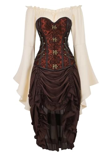 Korsettkleid, 3-teiliges Outfit für Damen, Piraten-Bustiers, Rock, weiße Bluse, Set Costumen Renaissance (D, XS) von Hamender