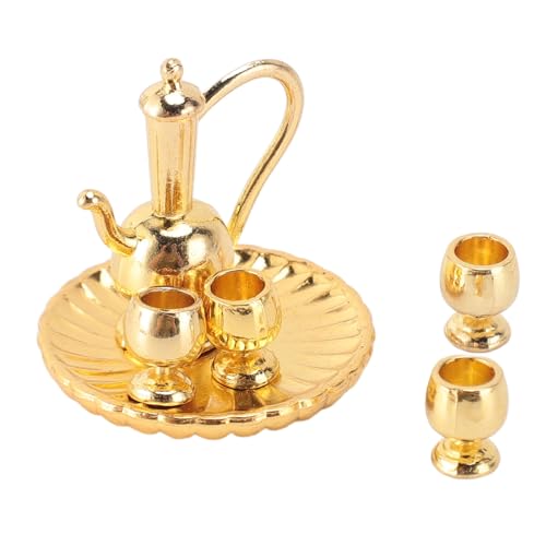 Hamwesh Miniatur -Tee -Tassen Set, 1:12 Metallpuppenhaus Accessoires mit Runden Tellern Teekannen für die Küchengeschäfte Dekoration (Gold) von Hamwesh