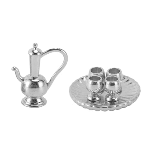 Hamwesh Miniatur -Tee -Tassen Set, 1:12 Metallpuppenhaus Accessoires mit Runden Tellern Teekannen für die Küchengeschäfte Dekoration (Silver) von Hamwesh