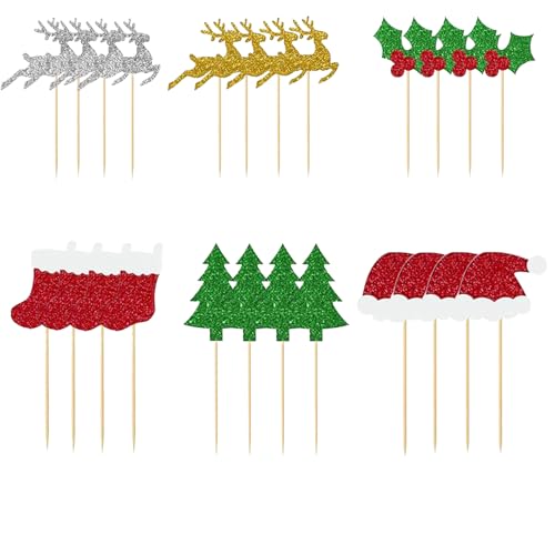 Weihnachtsbäckereidekoration & Party Picks Set 24 Stück Weihnachtsspieße & Cupcake-Topper Lebensmittelechte Spieße für Cupcakes, Muffins, Cocktails, Desserts & Käseplatten (Silber) von HanQZen