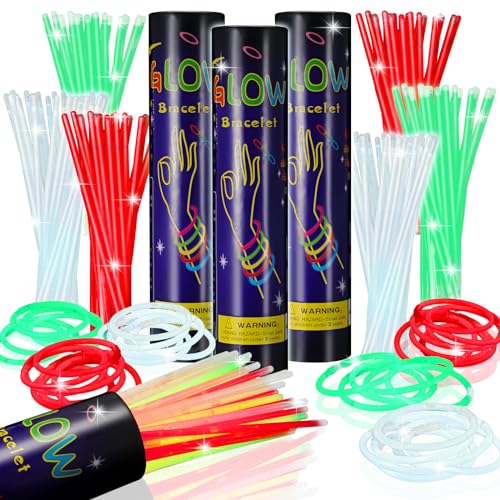 Hanaive Leuchtstäbe, Leuchtstäbe, 20,3 cm, leuchtet im Dunkeln, Neonarmbänder und Halsketten, Leuchtstäbe mit Steckern für Urlaub, Geburtstag, Partyzubehör (Rot, Grün, Weiß), 300 Stück von Hanaive